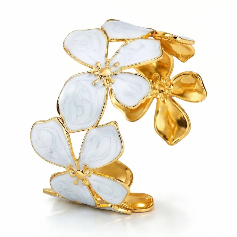 Blanche Floral Enamel Cuff Bracelet 18K Gold Plated Sculptural Bangle