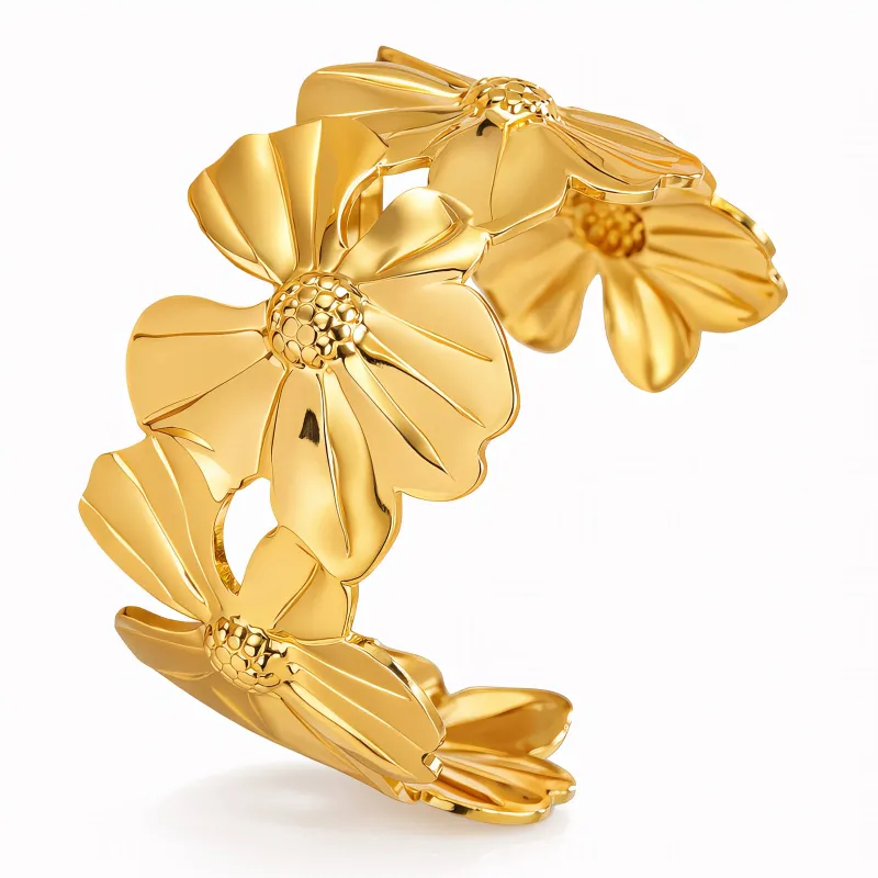 Fleurette Floral Cuff Bracelet 18K Gold Plated Sculptural Bangle