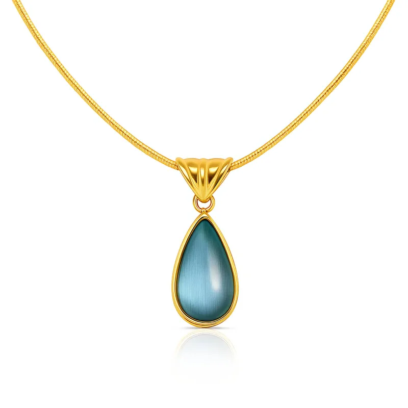 Aqua Teardrop Cat Eye 18K Gold Plated Pendant Necklace